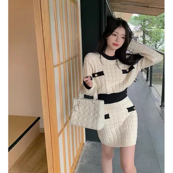 Sügis-Talv Daamid Silmkoelised Sobib Naiste Vintage 2-Osaline Komplekt, Korea Fashion Y2k Saagi Kootud Pullover Tops + Mini Seelikud T163