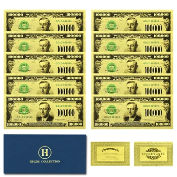10tk ja Ümbrik USA Dollar Gold Foil Pangatähtede 100,000 USD Mälestus Uncurrency Suveniiride Kingitused