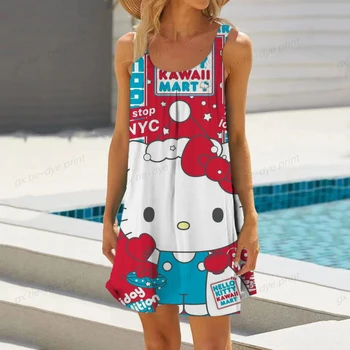2023 Naiste Hello Kitty Prindi Kleit Boho Pilduma Cartoon Rida Pikk Kleit Daamid Vabaaja Lahti V-Kaeluse Beach Party dress Vestidos