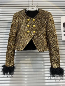 2023 Sügis Naiste Kuld Tweed Mantel Uus Metallist Pandla Hele Silk Karvased Mansett Längus Hem Lühike Stiilne Mantlid Kärbitud Jope Femme