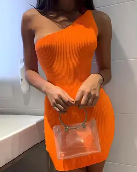 2023 Uus Kevad-Suvine Naiste Mini Kleit Oranž Õla Seksikas Tihedalt Kootud Kleit Bodycon Värviga Kõrge Vöökoht Sale