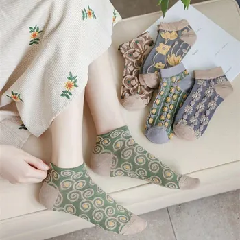 5 Paari Vintage Etnilise Lilled Sokid Naistele Madalad Toru Korea Harajuku Kawaii Calcetines Õie Armas Tüdrukud Pahkluu Lühikesed Sokid