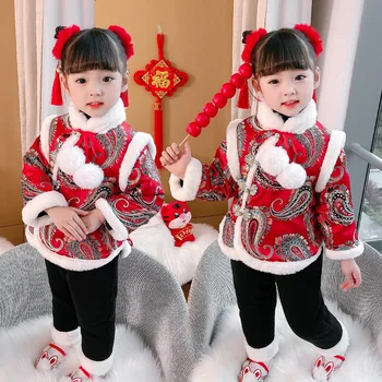 Hanfu Tüdrukute uusaasta Eve Kleit Talvel Hiina Stiilis Paksenenud Tang Laste Baby Punane Pidu Pika varrukaga, kanna Püksid Sobivad