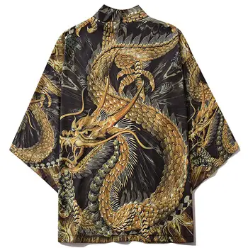 Hiina Stiilis Golden Dragon Kimono Harajuku Mehed Naised Jaapani Streetwear Traditsiooniline Kampsun, Yukata Mees Haori Obi Riided