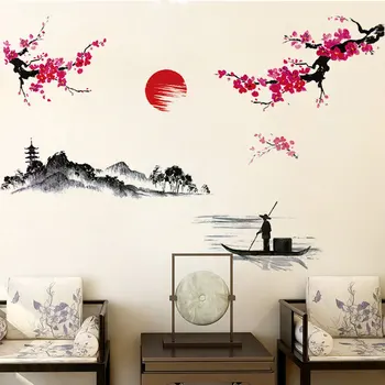 Hiina Stiilis Plum Blossom Mägi Jõe Metsaraidur Seina Kleebis Diivan Taust Home Decor Tapeet Eemaldatav Office Kleebised