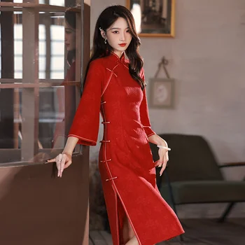 Hiina Traditsiooniline Kleit Naiste Qipao Poole Varruka Punane Kaasaegne Cheongsam Kleidid Rüü Orientale Hiina Stiilis Kostüüm Daamid