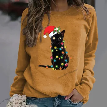 Jõulud Trükkimine, Hupparit Naiste Pikkade varrukatega Pullover Top Pluus Kole Kass Prindi Pluss Suurus Naiste Riided korea Pusad