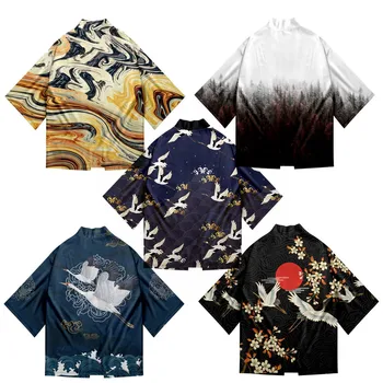 Kimono Jakk Jaapani Stiilis Meeste Samurai Haori Riided Laine Kraana Trükitud Traditsiooniline Vintage Yukata Aasia Riided Naistele
