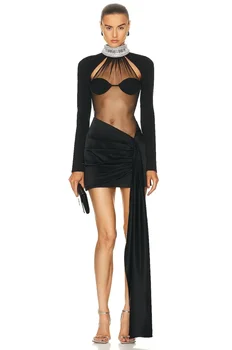 Kritt Kuulsus Sünnipäeva Naiste'Dress Seksikas Läbipaistev Võrgusilma Segast Ebaregulaarne Must Kleit Koos Choker