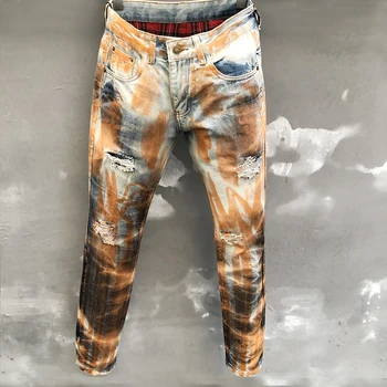 Kõhn Ripitud Teksad Meestele High Street Oranži Värvi Slim Jean Meeste Mood Teksad Poole Vabaaja Püksid Streetwear Pantalones