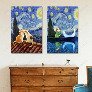 Lemmikloom Kass Anime Lõuend Abstraktse Maali Van Gogh Tähine Öö Plakatid ja Pildid Seina Art Cartoon Pilte Poiste Tuba Home Decor