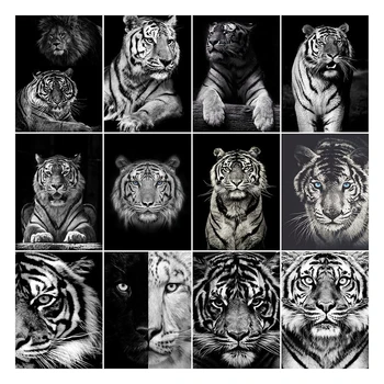 LZAIQIZG Diamond Värvimine Tiger Täis Square Uute tulijate Diamond Tikandid Must Ja Valge Loomade Mosaiik Käsitöö Home Decor
