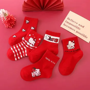 Miniso 10 Paari Laste Uue Aasta Sokid Punase Sügisel ja Talvel Kawaii Hello Kittys Kuromi Puuvill Keskel Vasikas Sokid Neli Aastaaega