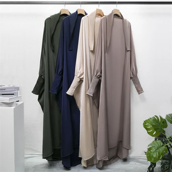Moslemi Abaya One-piece Palve Kleit Kapuutsiga Smocking Varruka Naiste Jilbab Islami Riided Dubai Saudi Must Rüü türgi Tagasihoidlikkus