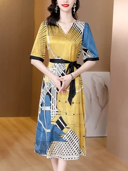 Naiste Prindi Silk Satin Lühikesed Varrukad, V-Kaelus Midi Kleit Suvel Elegantne Bodycon Casual Kleit 2023 Korea Vintage Luksus Pool Kleit