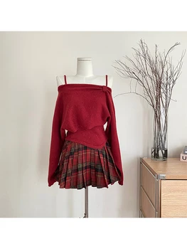 Naiste Punane Kootud Pullover Kampsun Harajuku 90s Y2k Varrukateta Maha Õla Jumper Saagi Tops Vintage 2000ndate Riided