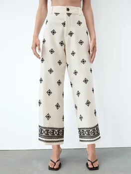 Naiste Püksid 2023 Mood Riided Vintage Geomeetriline Embroiery Linased Püksid Zip Fly Kõrge Vöökoht Lai Jalg Pahkluu Pikkusega Püksid