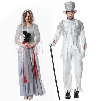 Paar Zombie Ghost Bride Peigmees Kostüüm Mehed Naised Karneval Halloween Pool Valge Laip Iseloomu Päeval Surnud Cosplay Varustus