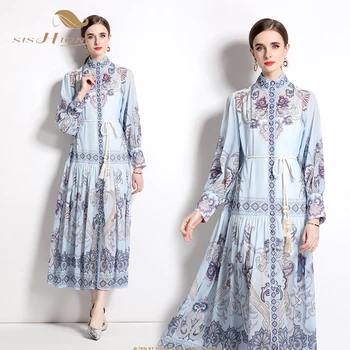 SISHION 2023 Uus Naiste Pikk Varrukas Retro Palace Stiilis Sinine Print Kleit Elegantne Vintage Lace up Pikk Kleit Moslemi Abaya SR0144