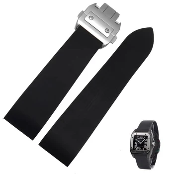 Uued Kummist Veekindel Watchband jaoks Cartier Santos 100 W2020007 Silikoonist Rihm Hõbe Kuld Kokkuklapitavad Lukk Must Käevõru 25mm