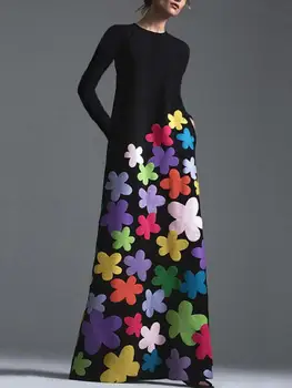 Yeezzi Naiste Kevad Pikkade Varrukatega Värviline Õie Printida Elegantselt Õhuke Kleit 2023 Uusi Ümber Kaela Vabaaja Must Maxi Kleidid