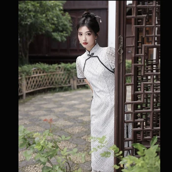 Yourqipao Gooti Retro Hiina Täiustatud Versiooni Must ja Valge Pits Pikk Stiil Traditsioonilise Cheongsam Naiste Seelik Hanfu Kleidid