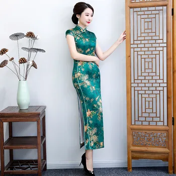 Yourqipao Suvel Roheline Pikk Cheongsam Väärikas Catwalk Show Vintage Elegantne Qipao Hiina Traditsiooniline õhtukleit jaoks Naised