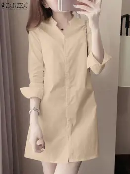 ZANZEA 2023 aasta Sügisel Ameti Töö Sundress Elegantne Naiste V-Kaelus Pikk Varrukas Mini Särk Kleit Juhuslik Femme Nupud Up Lühike Vestido